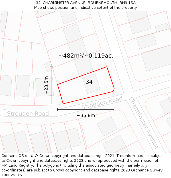 34, CHARMINSTER AVENUE, BOURNEMOUTH, BH9 1SA: Plot and title map