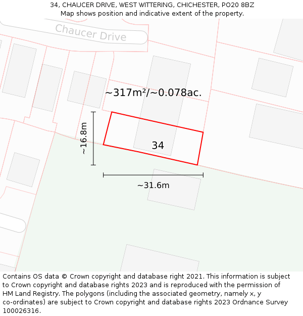 34, CHAUCER DRIVE, WEST WITTERING, CHICHESTER, PO20 8BZ: Plot and title map