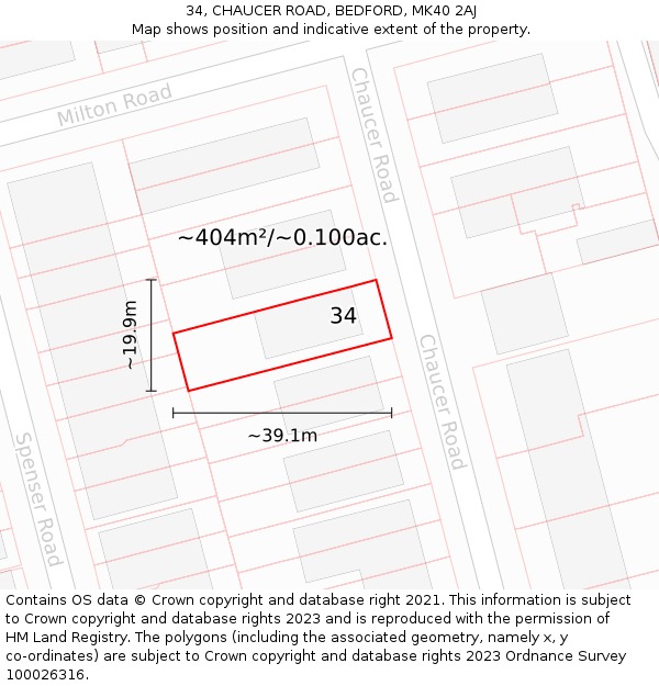 34, CHAUCER ROAD, BEDFORD, MK40 2AJ: Plot and title map