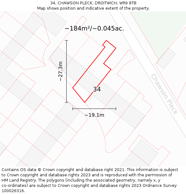 34, CHAWSON PLECK, DROITWICH, WR9 8TB: Plot and title map