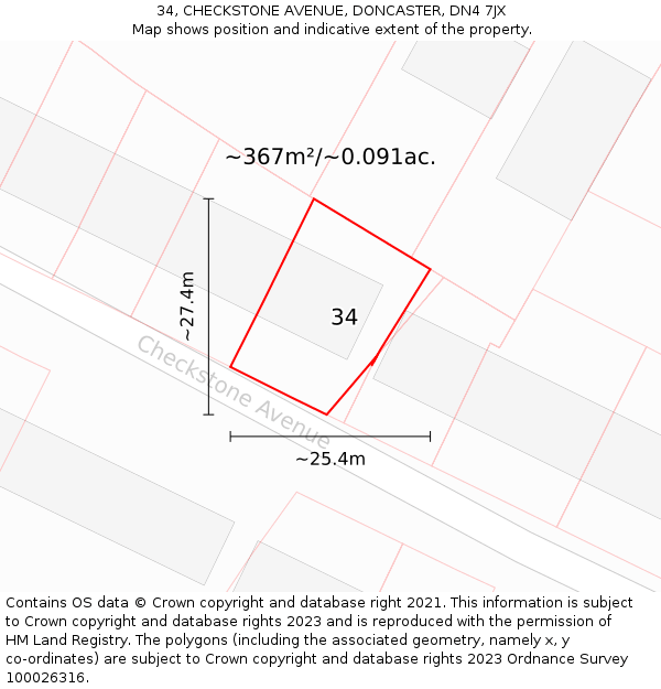 34, CHECKSTONE AVENUE, DONCASTER, DN4 7JX: Plot and title map