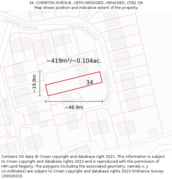 34, CHERITON AVENUE, CEFN HENGOED, HENGOED, CF82 7JA: Plot and title map