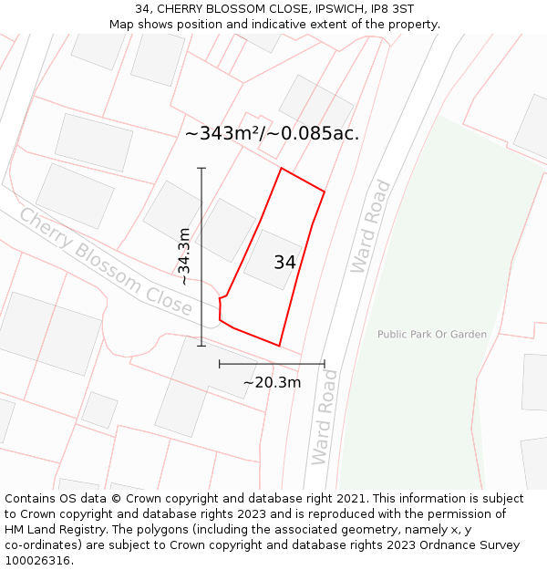 34, CHERRY BLOSSOM CLOSE, IPSWICH, IP8 3ST: Plot and title map