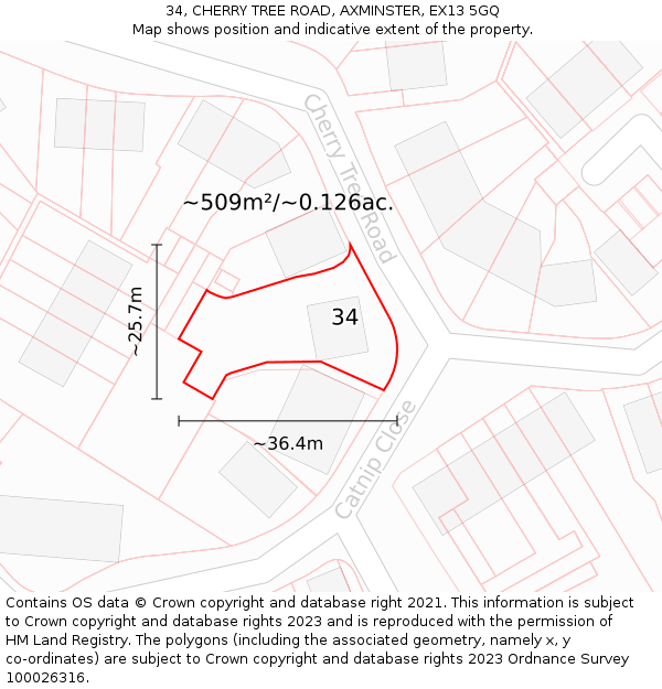 34, CHERRY TREE ROAD, AXMINSTER, EX13 5GQ: Plot and title map