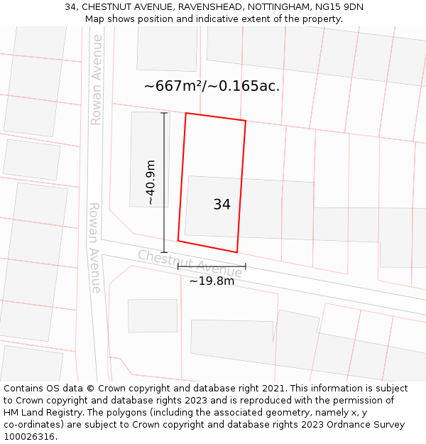 34, CHESTNUT AVENUE, RAVENSHEAD, NOTTINGHAM, NG15 9DN: Plot and title map