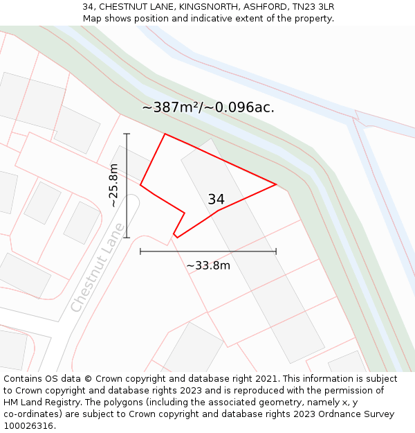 34, CHESTNUT LANE, KINGSNORTH, ASHFORD, TN23 3LR: Plot and title map