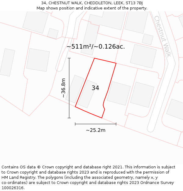 34, CHESTNUT WALK, CHEDDLETON, LEEK, ST13 7BJ: Plot and title map