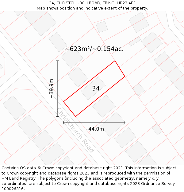 34, CHRISTCHURCH ROAD, TRING, HP23 4EF: Plot and title map