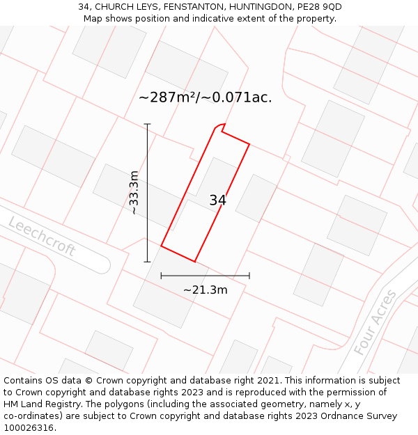 34, CHURCH LEYS, FENSTANTON, HUNTINGDON, PE28 9QD: Plot and title map