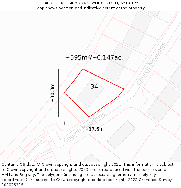 34, CHURCH MEADOWS, WHITCHURCH, SY13 1PY: Plot and title map