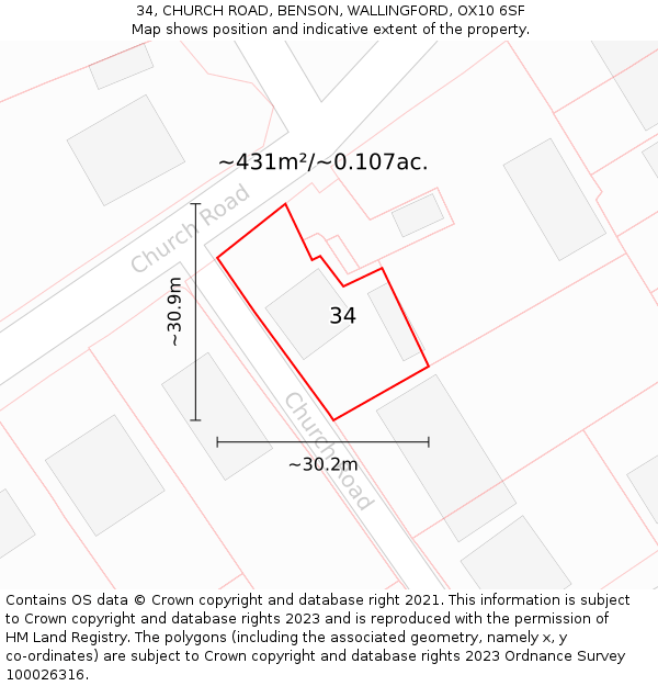 34, CHURCH ROAD, BENSON, WALLINGFORD, OX10 6SF: Plot and title map