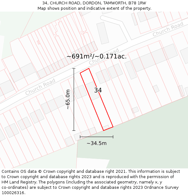 34, CHURCH ROAD, DORDON, TAMWORTH, B78 1RW: Plot and title map