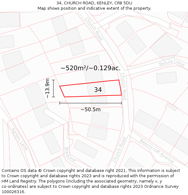 34, CHURCH ROAD, KENLEY, CR8 5DU: Plot and title map