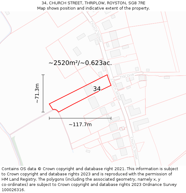 34, CHURCH STREET, THRIPLOW, ROYSTON, SG8 7RE: Plot and title map