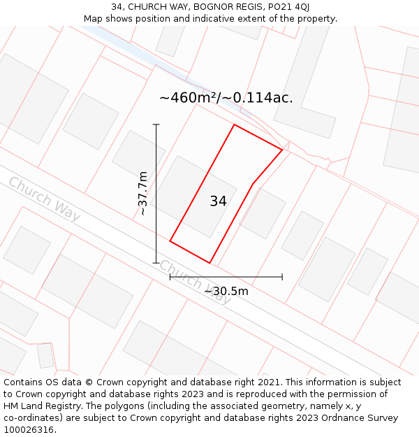 34, CHURCH WAY, BOGNOR REGIS, PO21 4QJ: Plot and title map