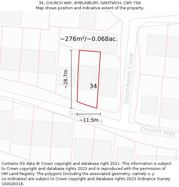 34, CHURCH WAY, WYBUNBURY, NANTWICH, CW5 7SA: Plot and title map