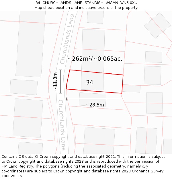 34, CHURCHLANDS LANE, STANDISH, WIGAN, WN6 0XU: Plot and title map