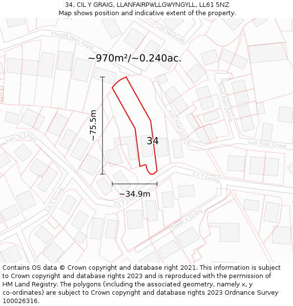 34, CIL Y GRAIG, LLANFAIRPWLLGWYNGYLL, LL61 5NZ: Plot and title map