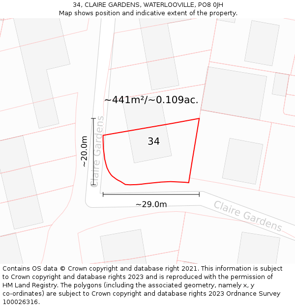 34, CLAIRE GARDENS, WATERLOOVILLE, PO8 0JH: Plot and title map