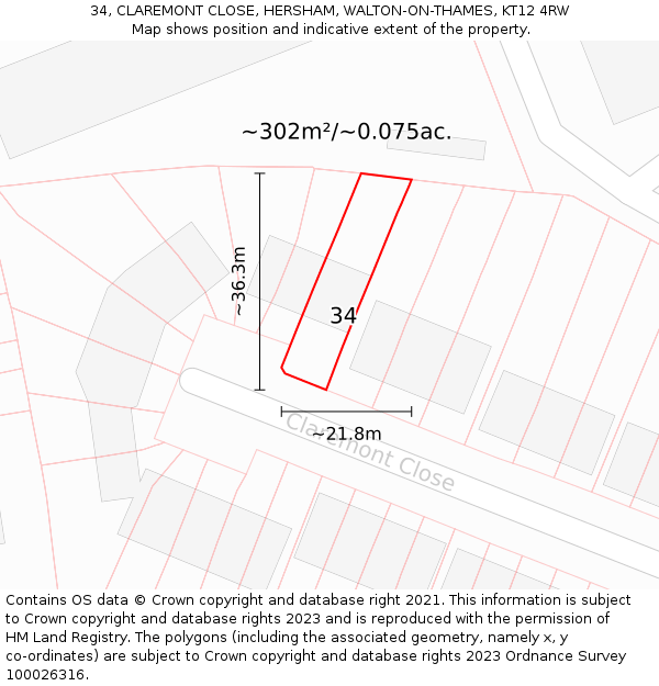 34, CLAREMONT CLOSE, HERSHAM, WALTON-ON-THAMES, KT12 4RW: Plot and title map