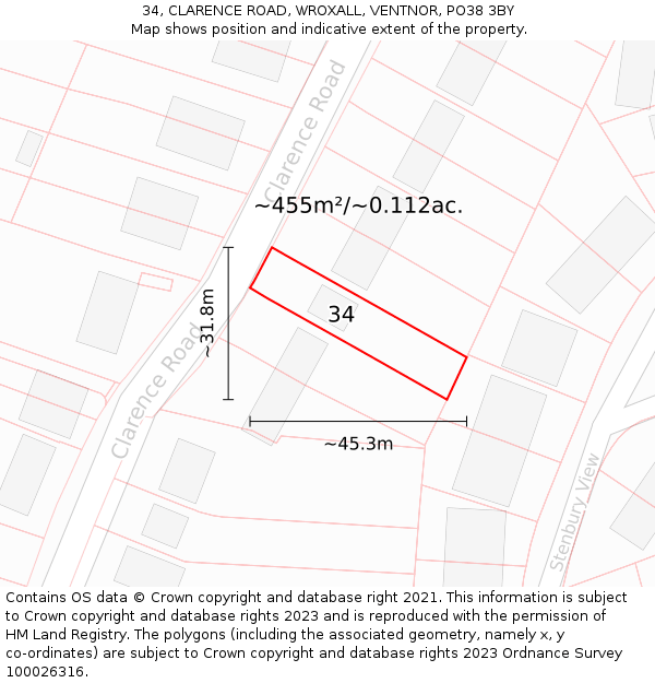 34, CLARENCE ROAD, WROXALL, VENTNOR, PO38 3BY: Plot and title map