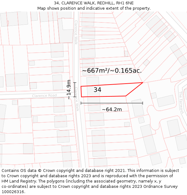 34, CLARENCE WALK, REDHILL, RH1 6NE: Plot and title map