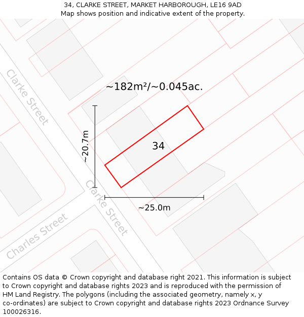 34, CLARKE STREET, MARKET HARBOROUGH, LE16 9AD: Plot and title map
