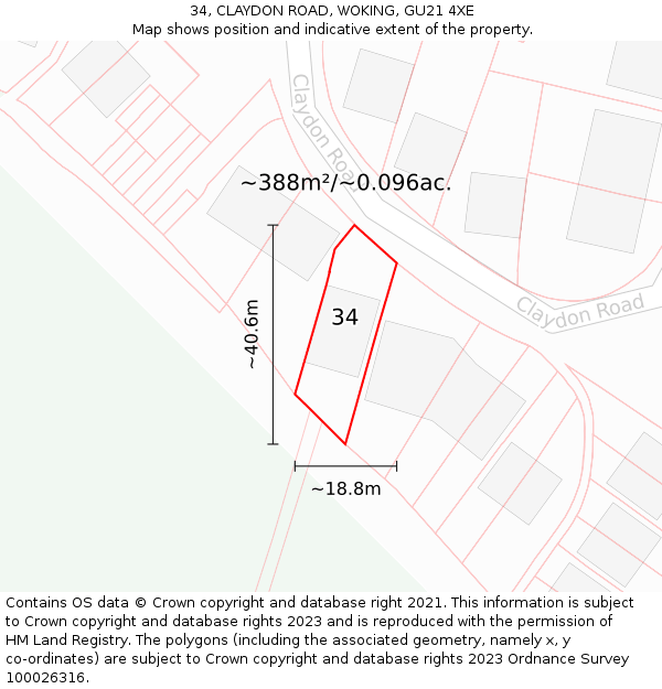 34, CLAYDON ROAD, WOKING, GU21 4XE: Plot and title map