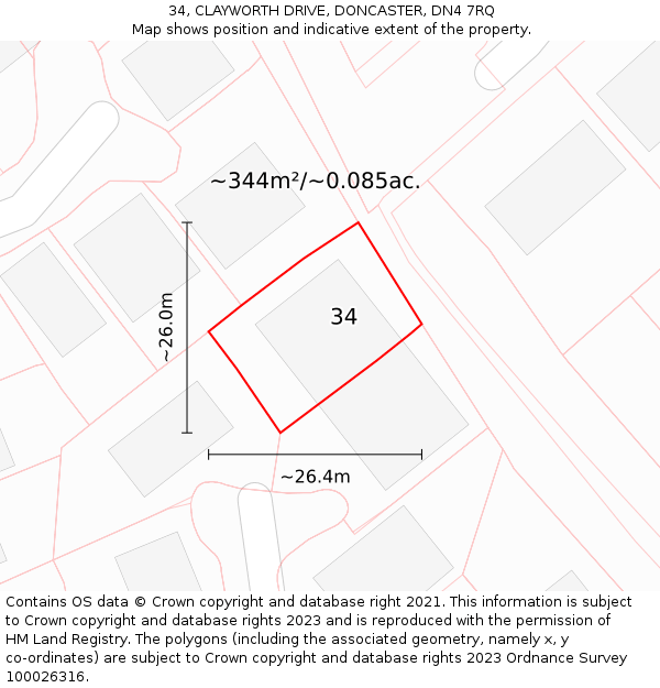 34, CLAYWORTH DRIVE, DONCASTER, DN4 7RQ: Plot and title map