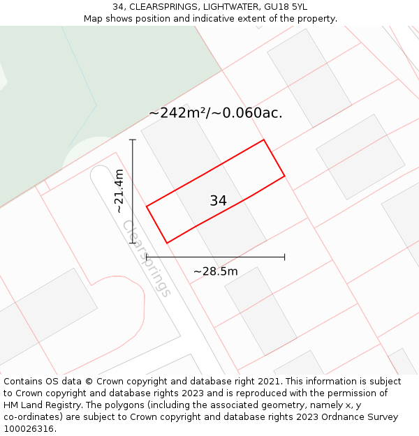 34, CLEARSPRINGS, LIGHTWATER, GU18 5YL: Plot and title map