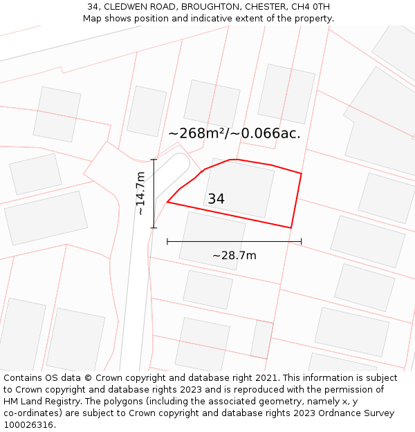 34, CLEDWEN ROAD, BROUGHTON, CHESTER, CH4 0TH: Plot and title map