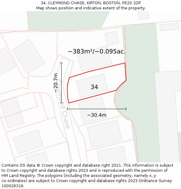 34, CLEYMOND CHASE, KIRTON, BOSTON, PE20 1DP: Plot and title map