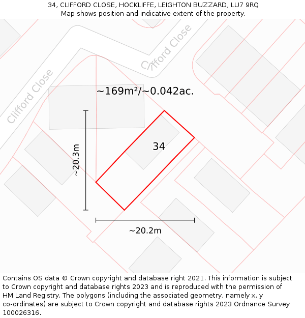 34, CLIFFORD CLOSE, HOCKLIFFE, LEIGHTON BUZZARD, LU7 9RQ: Plot and title map