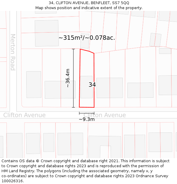 34, CLIFTON AVENUE, BENFLEET, SS7 5QQ: Plot and title map