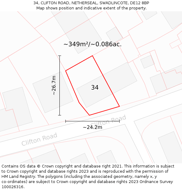 34, CLIFTON ROAD, NETHERSEAL, SWADLINCOTE, DE12 8BP: Plot and title map