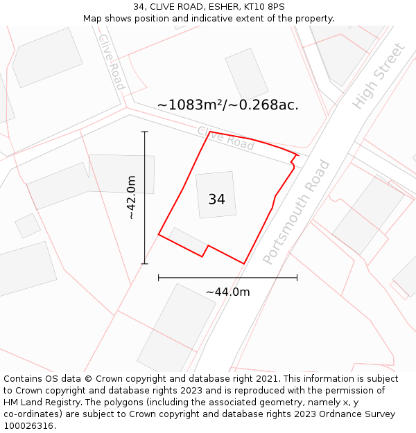 34, CLIVE ROAD, ESHER, KT10 8PS: Plot and title map