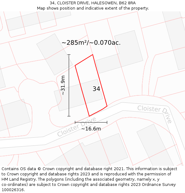 34, CLOISTER DRIVE, HALESOWEN, B62 8RA: Plot and title map