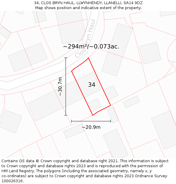 34, CLOS BRYN HAUL, LLWYNHENDY, LLANELLI, SA14 9DZ: Plot and title map