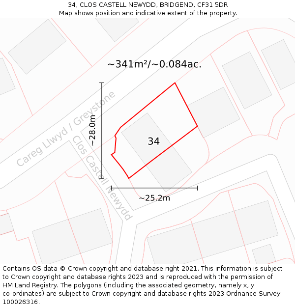 34, CLOS CASTELL NEWYDD, BRIDGEND, CF31 5DR: Plot and title map