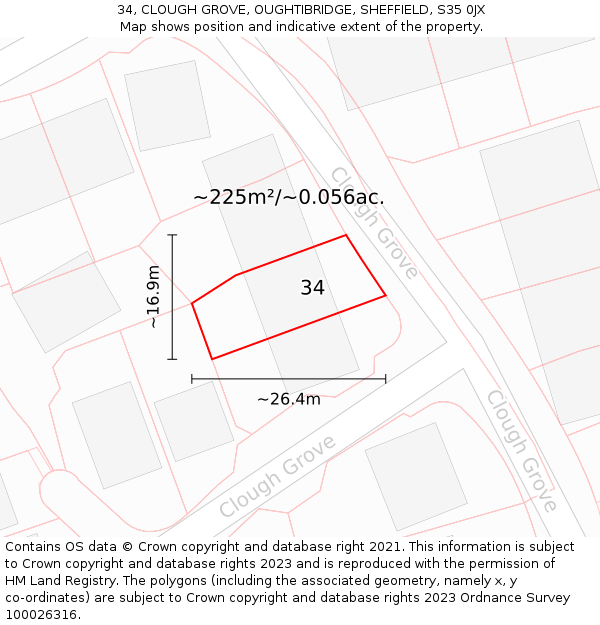 34, CLOUGH GROVE, OUGHTIBRIDGE, SHEFFIELD, S35 0JX: Plot and title map