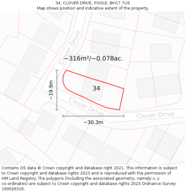 34, CLOVER DRIVE, POOLE, BH17 7US: Plot and title map