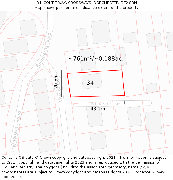 34, COMBE WAY, CROSSWAYS, DORCHESTER, DT2 8BN: Plot and title map