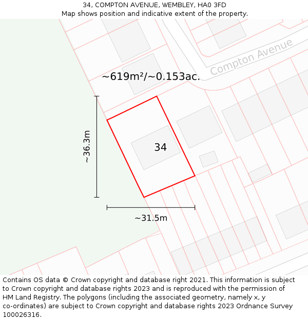 34, COMPTON AVENUE, WEMBLEY, HA0 3FD: Plot and title map