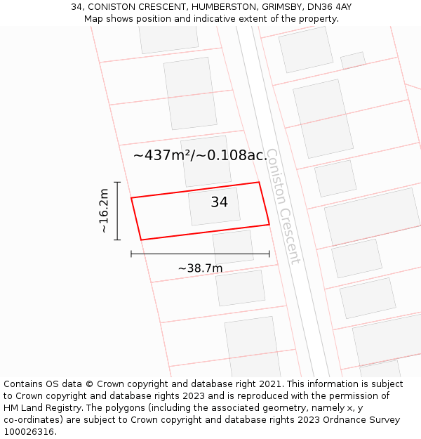 34, CONISTON CRESCENT, HUMBERSTON, GRIMSBY, DN36 4AY: Plot and title map
