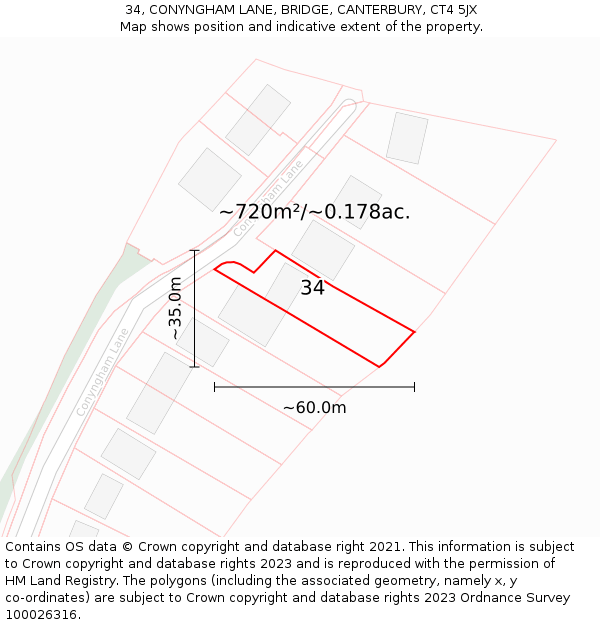 34, CONYNGHAM LANE, BRIDGE, CANTERBURY, CT4 5JX: Plot and title map
