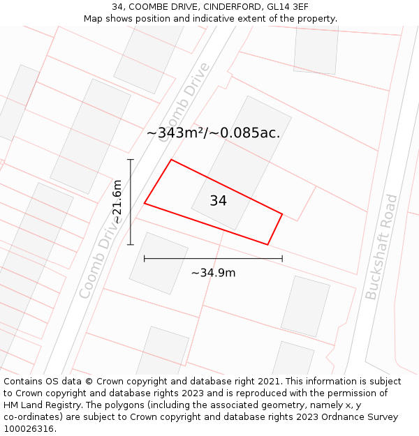 34, COOMBE DRIVE, CINDERFORD, GL14 3EF: Plot and title map