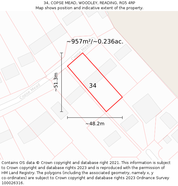 34, COPSE MEAD, WOODLEY, READING, RG5 4RP: Plot and title map