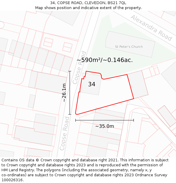 34, COPSE ROAD, CLEVEDON, BS21 7QL: Plot and title map