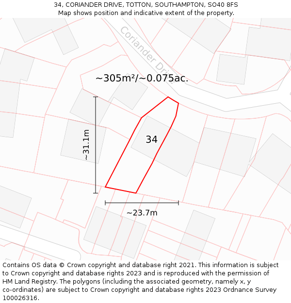 34, CORIANDER DRIVE, TOTTON, SOUTHAMPTON, SO40 8FS: Plot and title map