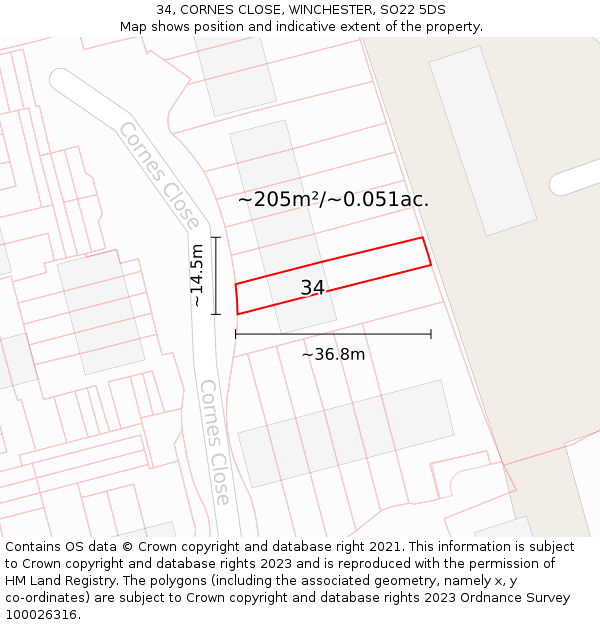 34, CORNES CLOSE, WINCHESTER, SO22 5DS: Plot and title map